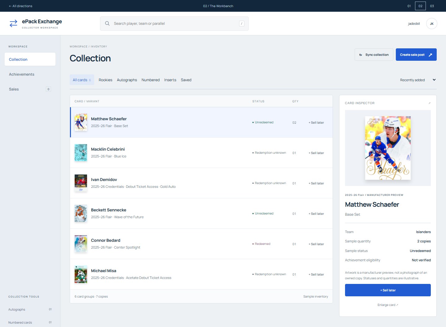 The Workbench: a compact inventory table beside a large card inspector